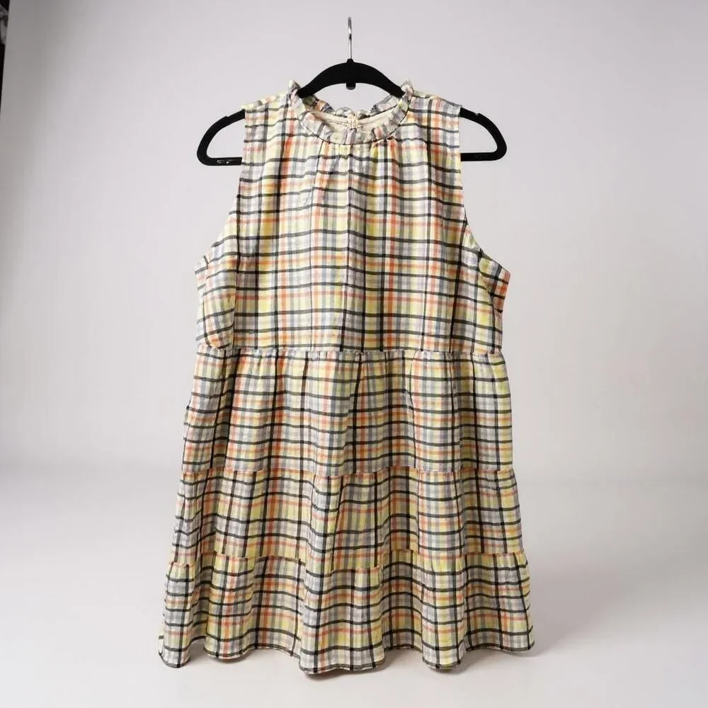 Loft Sleeveless Pastel Plaid Tiered Dress With Ruffle Neckline L‎